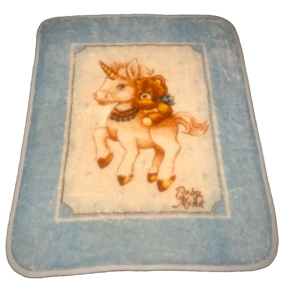 Vtg 80s Baby Mink Unicorn Teddy Bear Blue Plush Crib Blanket Zigzag Trim 43x51